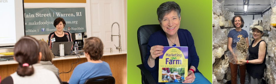 Myrna Greenfield presenting, with book, and with client Myrna Greenfield presenting at Hope & Main, with her book, and with her client Elizabeth Almeida, owner of Fat Moon Mushrooms